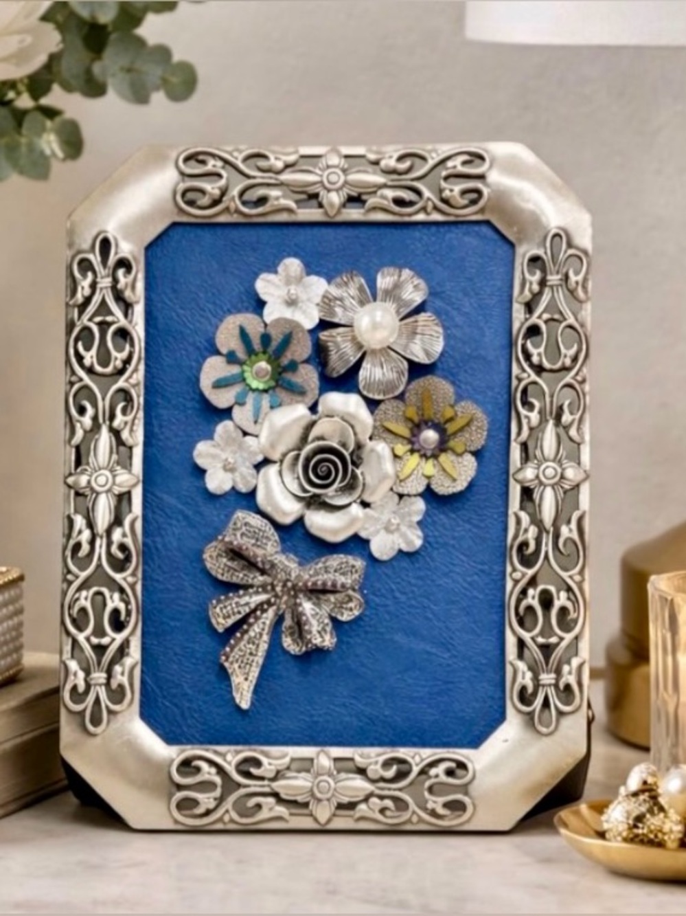Framed Vintage Jewelry Art Floral Bouquet 5x7